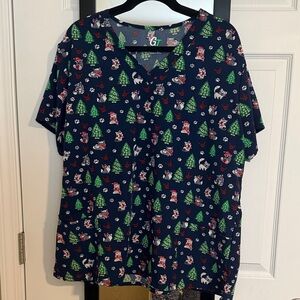 Navy Blue Holiday Print Scrub Top